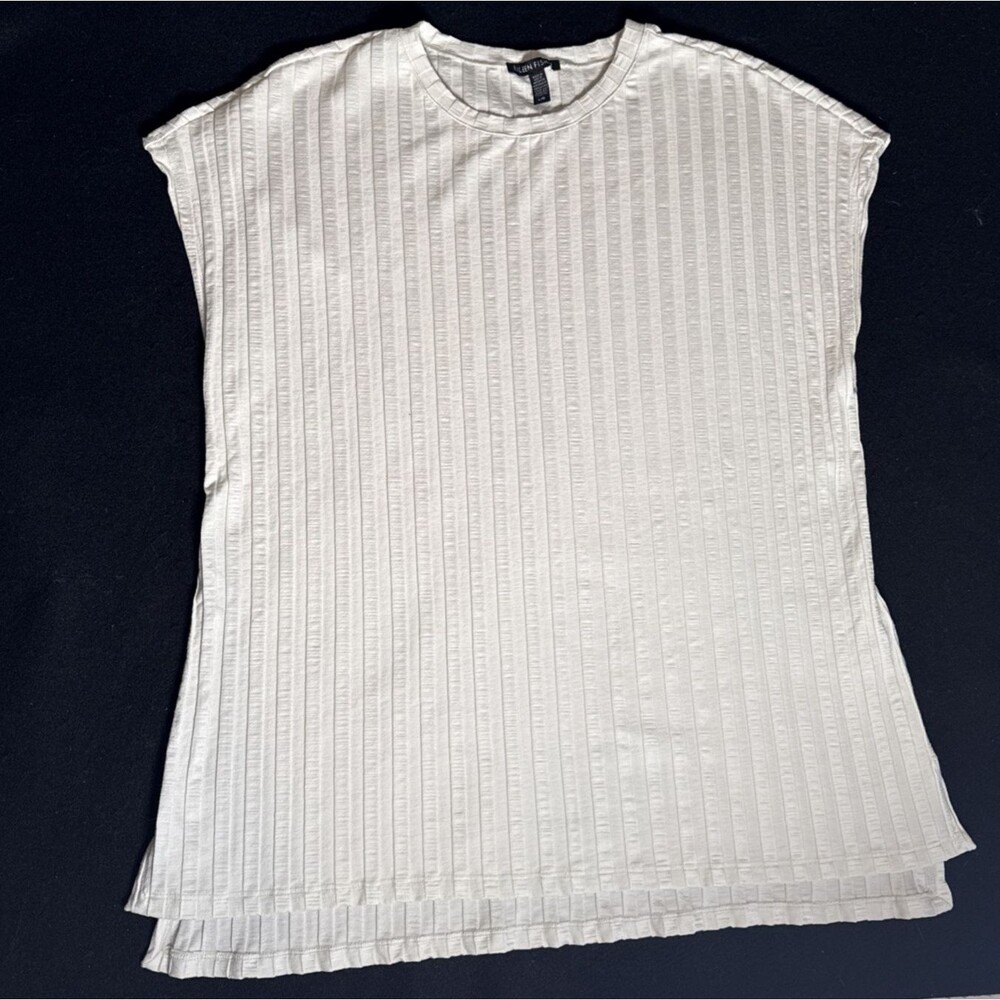 Eileen Fisher Large Ivory Ribbed Stretch Knit Crewneck Cap Sleeve T-Shirt Top